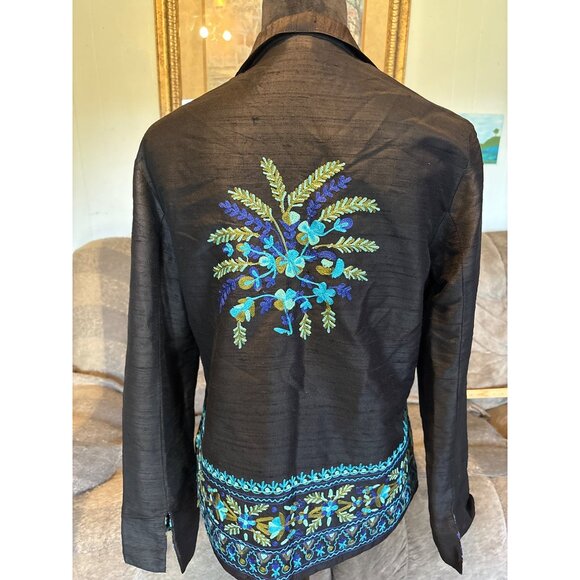 Handcrafted Black Sheer - 100% Silk Open-Front Jacket S Floral Embroidery Dressy - Picture 5 of 8